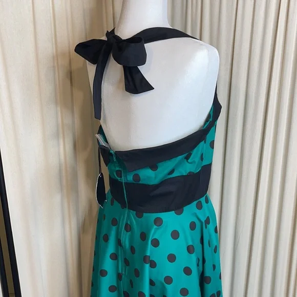 🎉HP🎉NWT- HELL BUNNY VIXEN GREEN & BLACK HALTER PINUP DRESS SIZE LARGE - Picture 12 of 15
